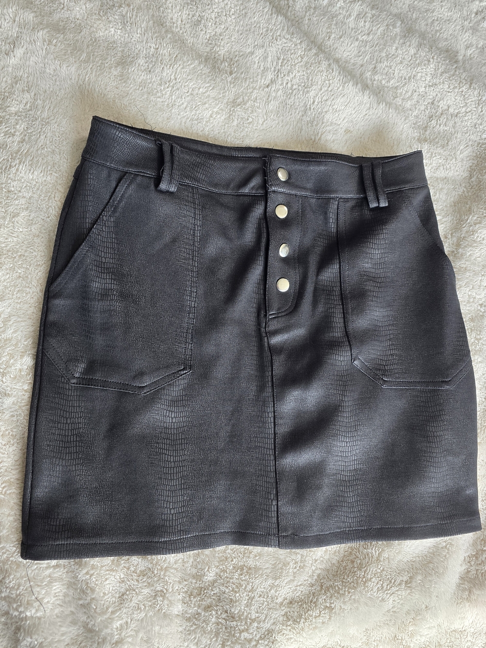 Black Faux Leather Mini Skirt with Button Front